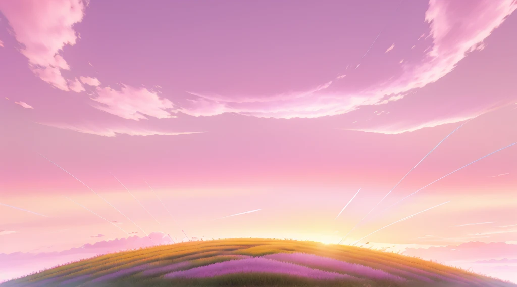 grassland，dusk，Pink and purple sky，Pink clouds，Light，黄绿色的grassland，3d，C4D，high quality，unmanned，
