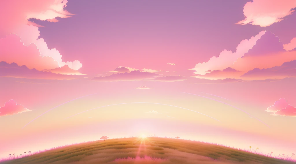 grassland,dusk,Pink and purple sky,Pink clouds,Light,黄绿色的grassland,3d,C4D,high quality,unmanned,