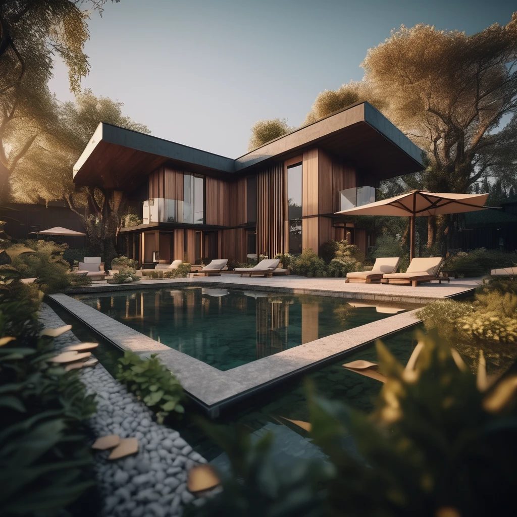 cinematic epic realistic photo, cinematic photo (concept archviz villa:1.2) design, modern rustical house, pond in the garden outside, elaborate terrace, texture cracked dry treebark (cracked wood style room ) design, lush flowers, green trees with intertwined roots, . 35mm photograph, film, bokeh, professional, 4k, highly detailed, photorealism, golden hour, Crewson style shadowing, 8k resolution, analog color kodak, film grain, neutral colors,