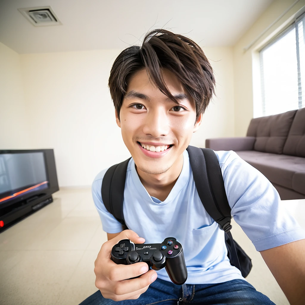 male　youth　university student　Japanese　A refreshing look　holding a game controller in hand　looking at the camera　smile　Wide angle