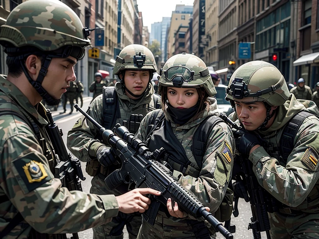 A group of special forces soldiers with guns surrounded a woman