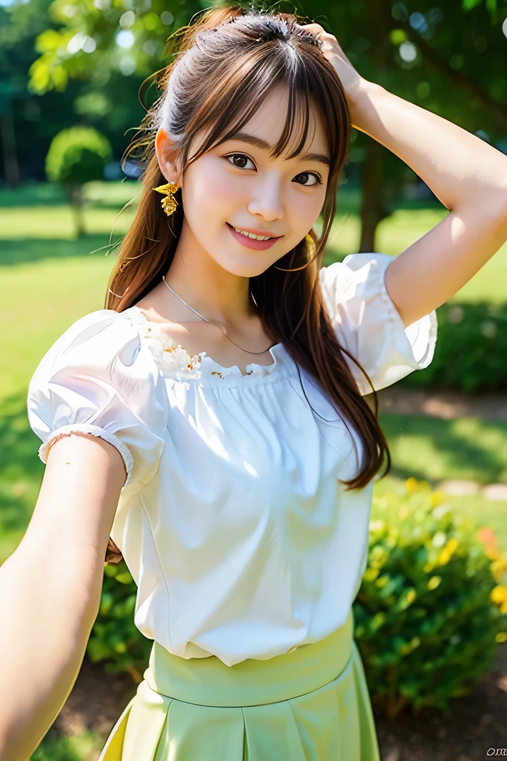 masterpiece, high quality, Photo realistic, BREAK, 1 Japanese girl, 20 years old, , smiling, summer outfit, short sleeve, puff sleeve blouse, long skirt, simple background, natural light, bright, cute, selfie style,