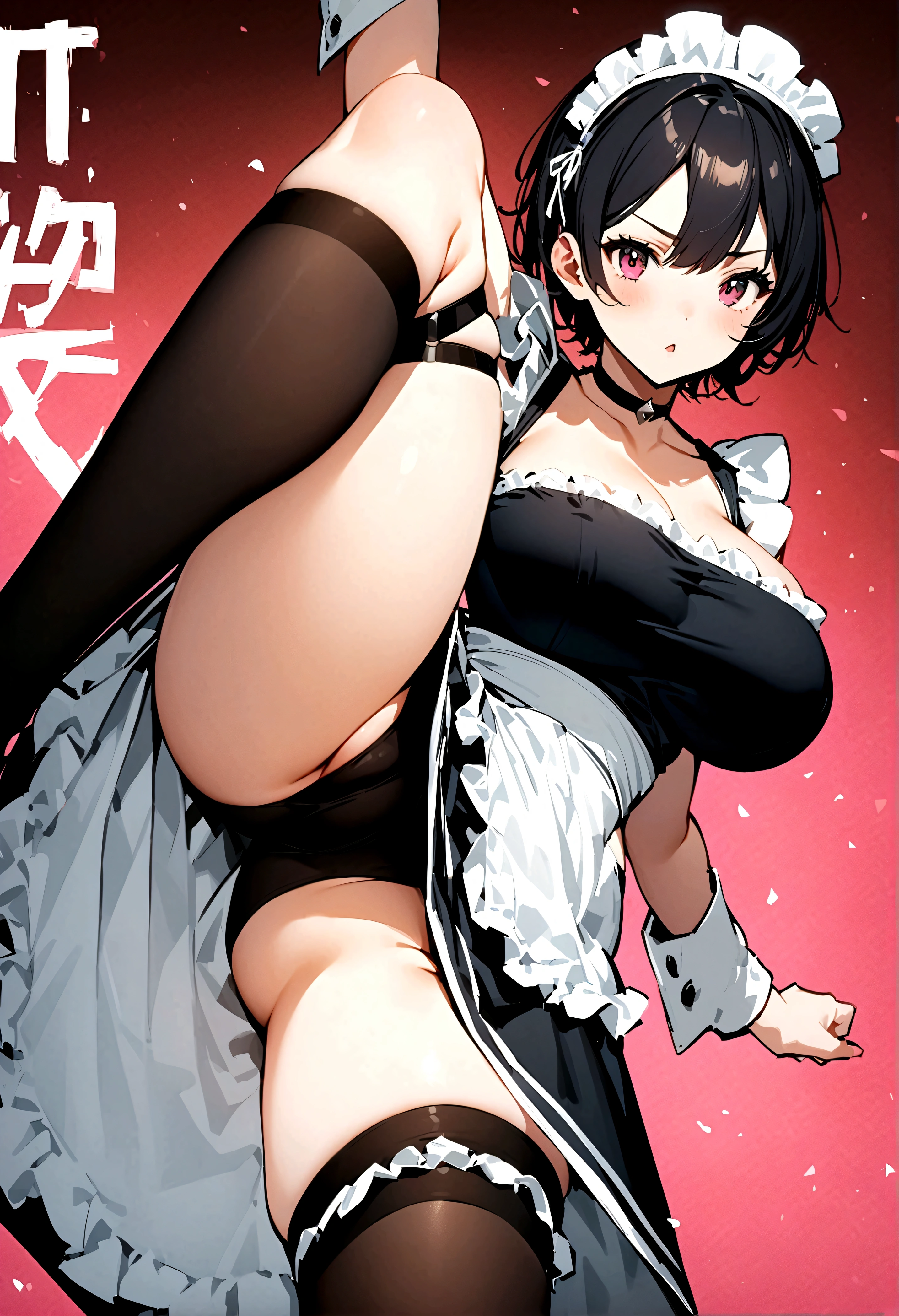 One girl、solo、、ABC、Black Hair、Big Breasts、short hair、Curvaceous、Maid服、Maid、kimono、Thighs、Thigh-high socks、Black legwear、choker、Side bust、Leg lift、arms、Combat Stance、Leg bandage、Pelvic Curtain、、Score 9、Score 8 up、Score 7 up、Score 6 up、Score 5 up、Score 4 up、