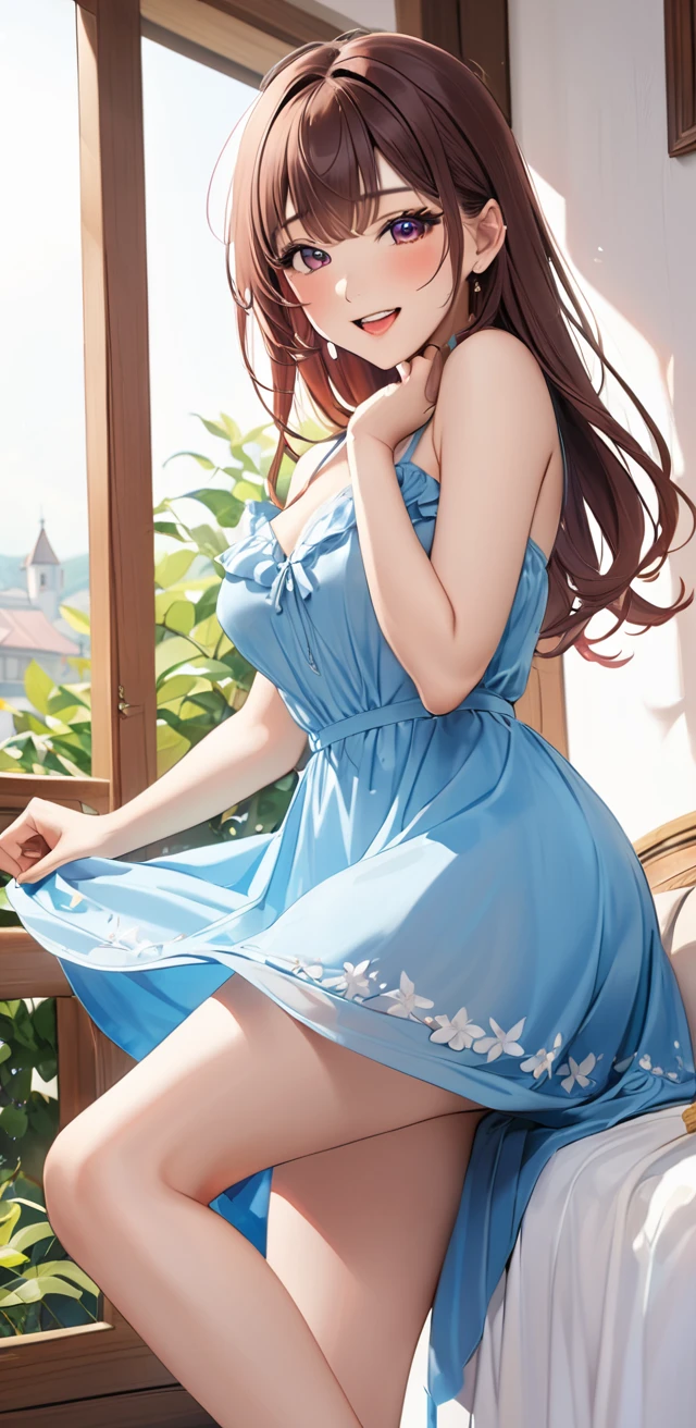 Miss,20 years old,, site,morning,(((Sexy dress))),,Open mouth smile((Action poses)),blush,transparent
