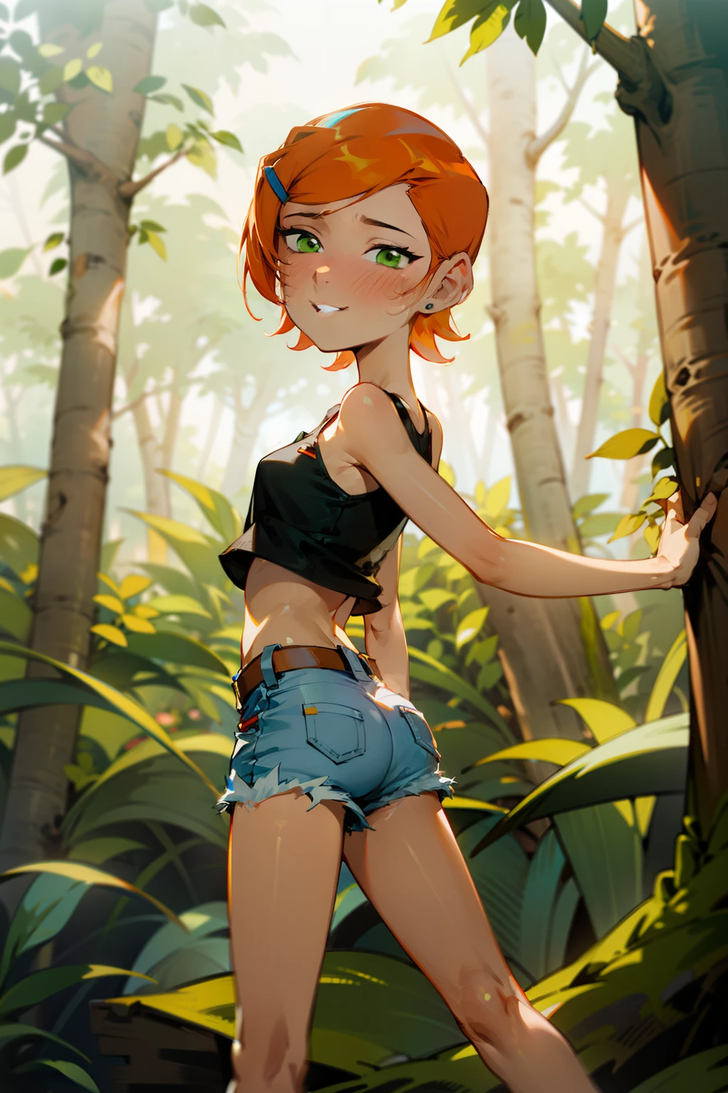 (Masterpiece), Best Quality, ultra-detailed, 1girl (Gwendolyn_Tennyson, lovely small breasts, orange hair, short hair, green eyes, half-closed eyes), smile, parted lips, nose blush, blush, solo, yellow tank_top(, tired), denim shorts, , in the forest, weakly, walk, sexy walking, sexy waist teasing, spread arms, looking back 