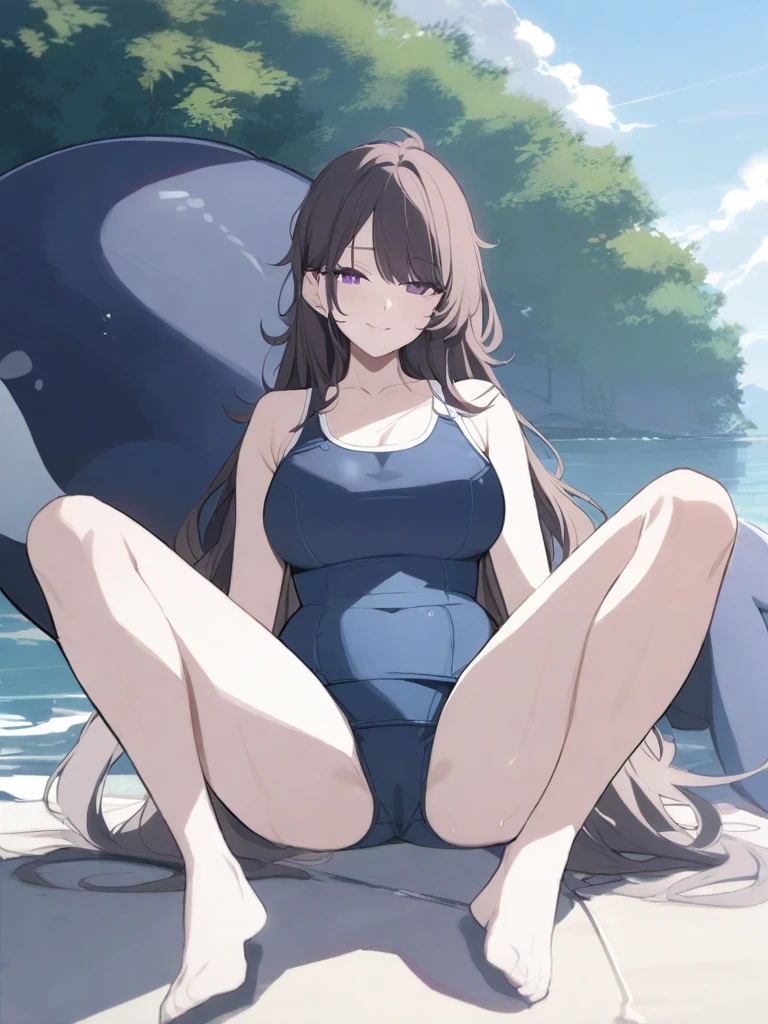 masterpiece, best quality, high quality, beautiful anime character, solo, anime girl with dark hair, (messy hair, long hair, choppy bangs, chopped bangs), purple eyes, medium breasts, mature female, tall female, big girl, thick, light smile, outdoors, almost full body, (school swimsuit), sitting, (whale tail, dark whale tail),