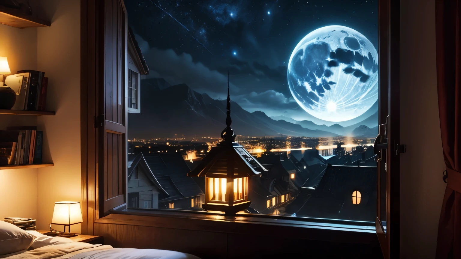 Rooms for single people、View from inside the room、night、The window is empty、A starry sky、Bright Moon、Fantasy、Fantasy atmosphere、summer、colorful