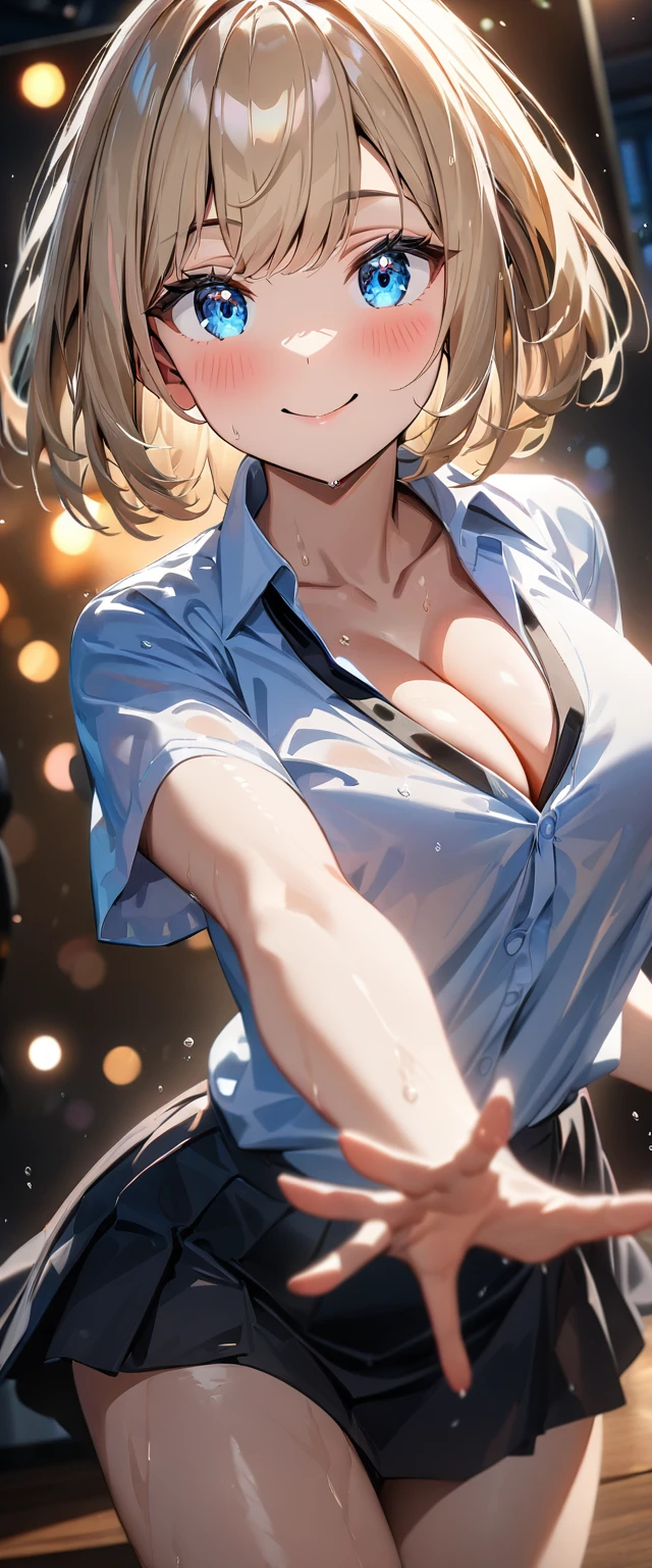 (((One girl))), blond hair, bob cut, (cowboy shot), (looking at viewer), face in focus, breasts, teenager, head tilt:1.3, (((blue eye))), ((happy smile)), ((blush)), school summer uniform, white shirts, ((black tie)), black skirt, wet skin, dynamic pose, ((cleavage)), anime style, (best quality, 4k, 8k, highres, masterpiece:1.2, ultra-detailed, ultra-detailed eyes, HDR, UHD, studio lighting, ultra-fine painting, sharp focus, physically-based rendering, extreme detail description, professional, vivid colors, bokeh)