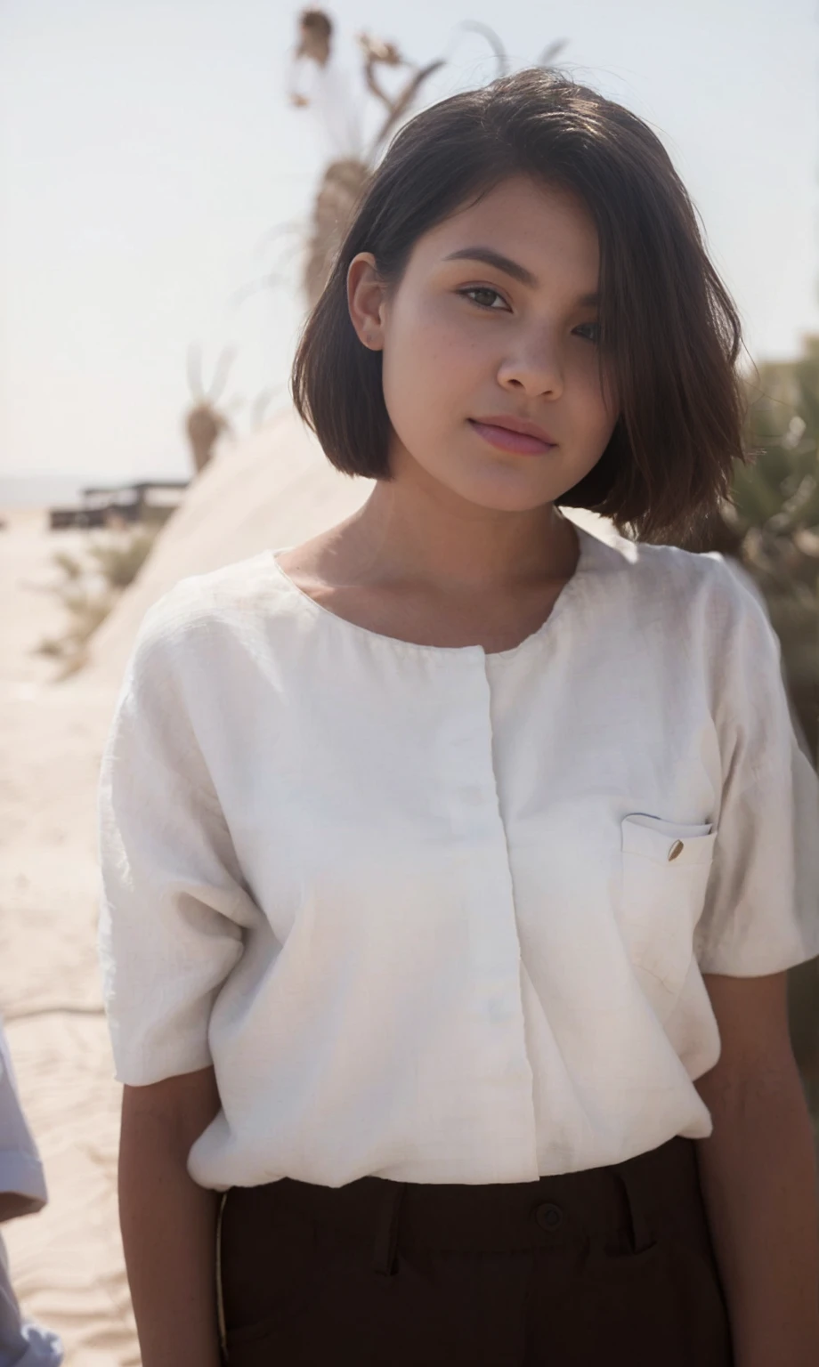 there is a woman standing on a beach with a man in the background, in desert, in the desert, in a desert, subtle details, detailed portrait shot, wearing white clothes, with short hair, on the desert, close up half body shot, wearing a linen shirt, in white clothes, mid shot portrait, profile shot, shot on leica sl2