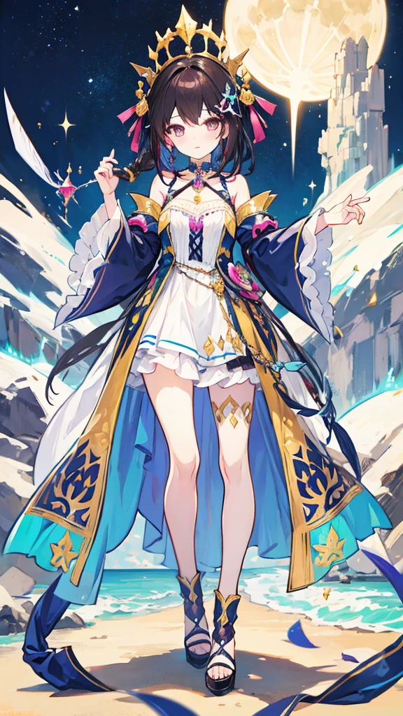 fantasy world girl with colorful hair, accessories, detailed clothes, dark hair