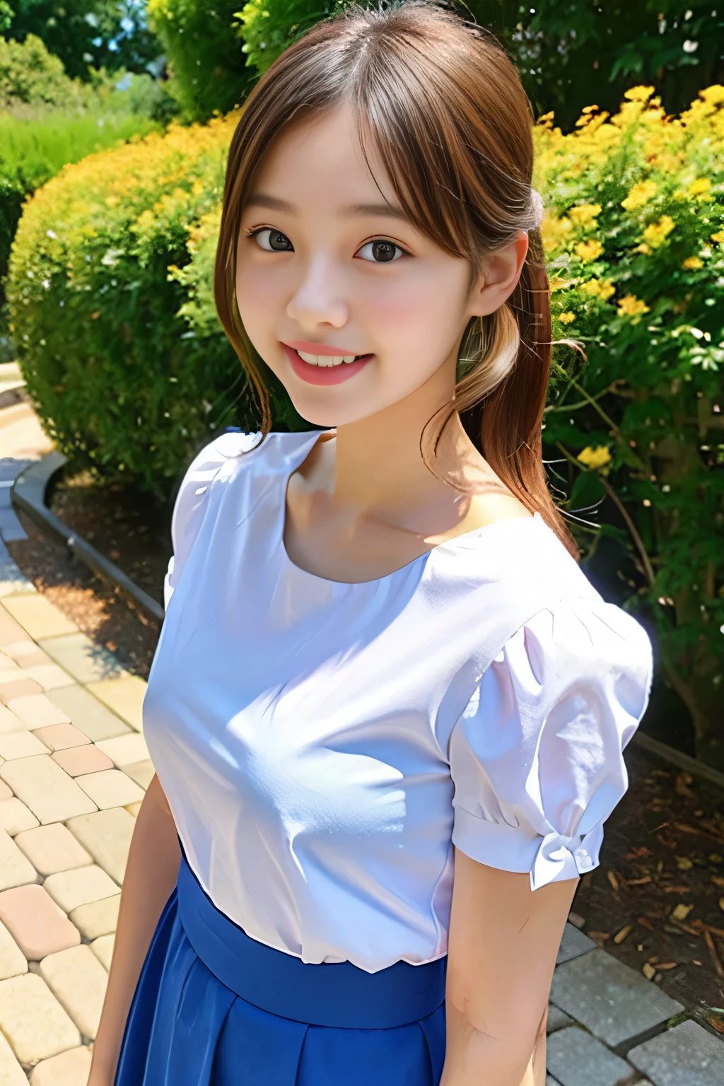 masterpiece, high quality, Photo realistic, BREAK, 1 Japanese girl, 20 years old, double eyelid, droopy eyes, small nose, baby face, beautiful teeth, smiling, summer outfit, short sleeve, puff sleeve blouse, long skirt, simple background, natural light, bright, cute, selfie style,