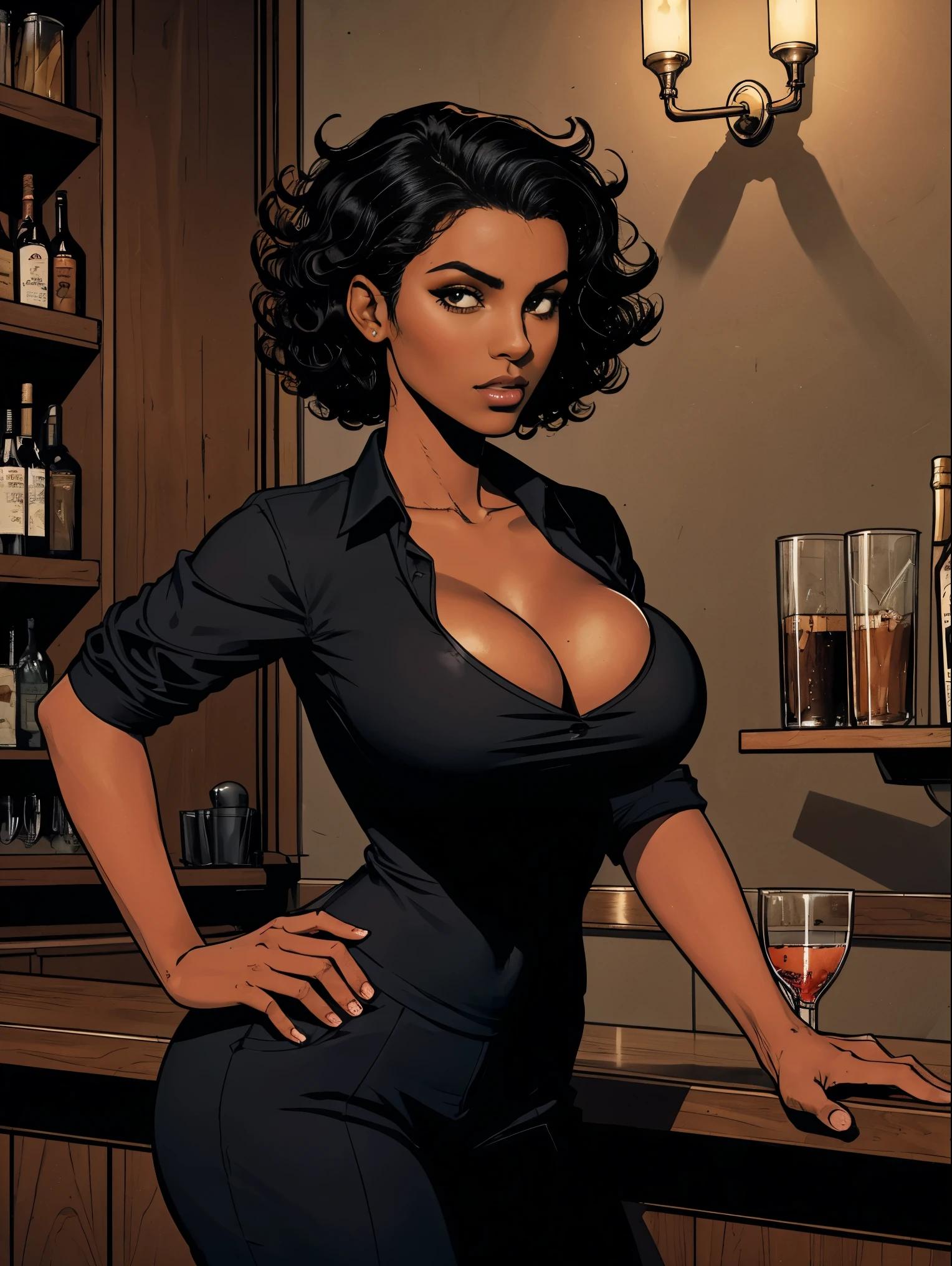 Cardinal, a gorgeous bartender woman with (dark skin, short curly black hair) wearing a black polo, tight slacks. Athletic, huge breasts, wide hips. Short curly black hair, mixing a drink. Confident. At a high-end bar, luxury hotel. cleavage.