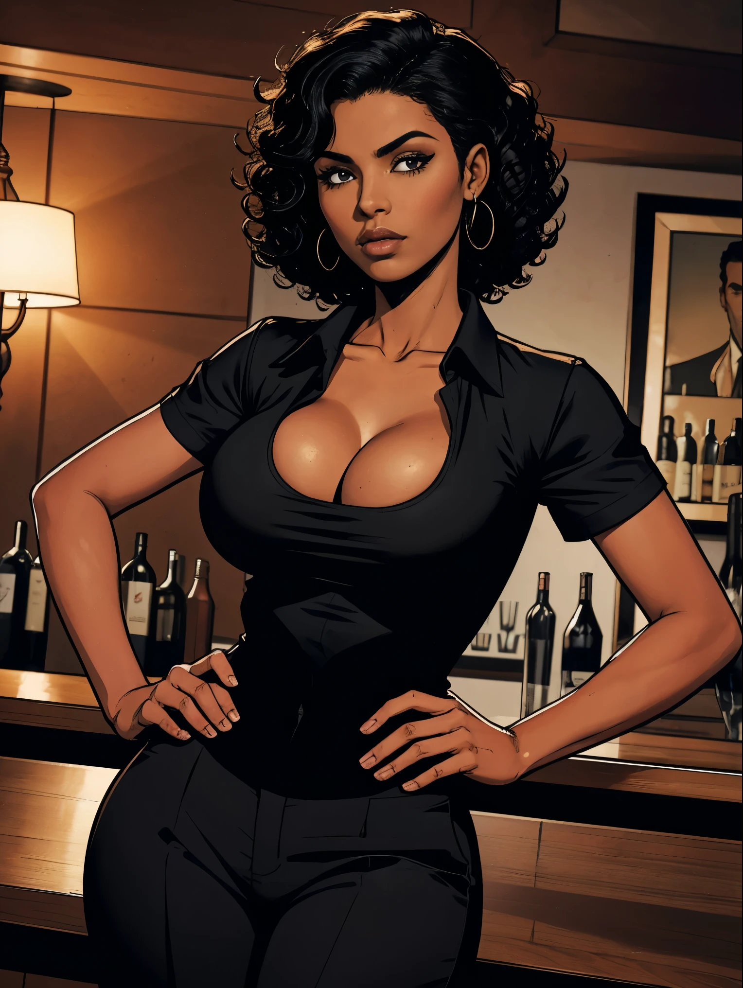 Cardinal, a gorgeous bartender woman with (dark skin, short curly black hair) wearing a black polo, tight slacks. Athletic, huge breasts, wide hips. Short curly black hair, mixing a drink. Confident. At a high-end bar, luxury hotel. cleavage.