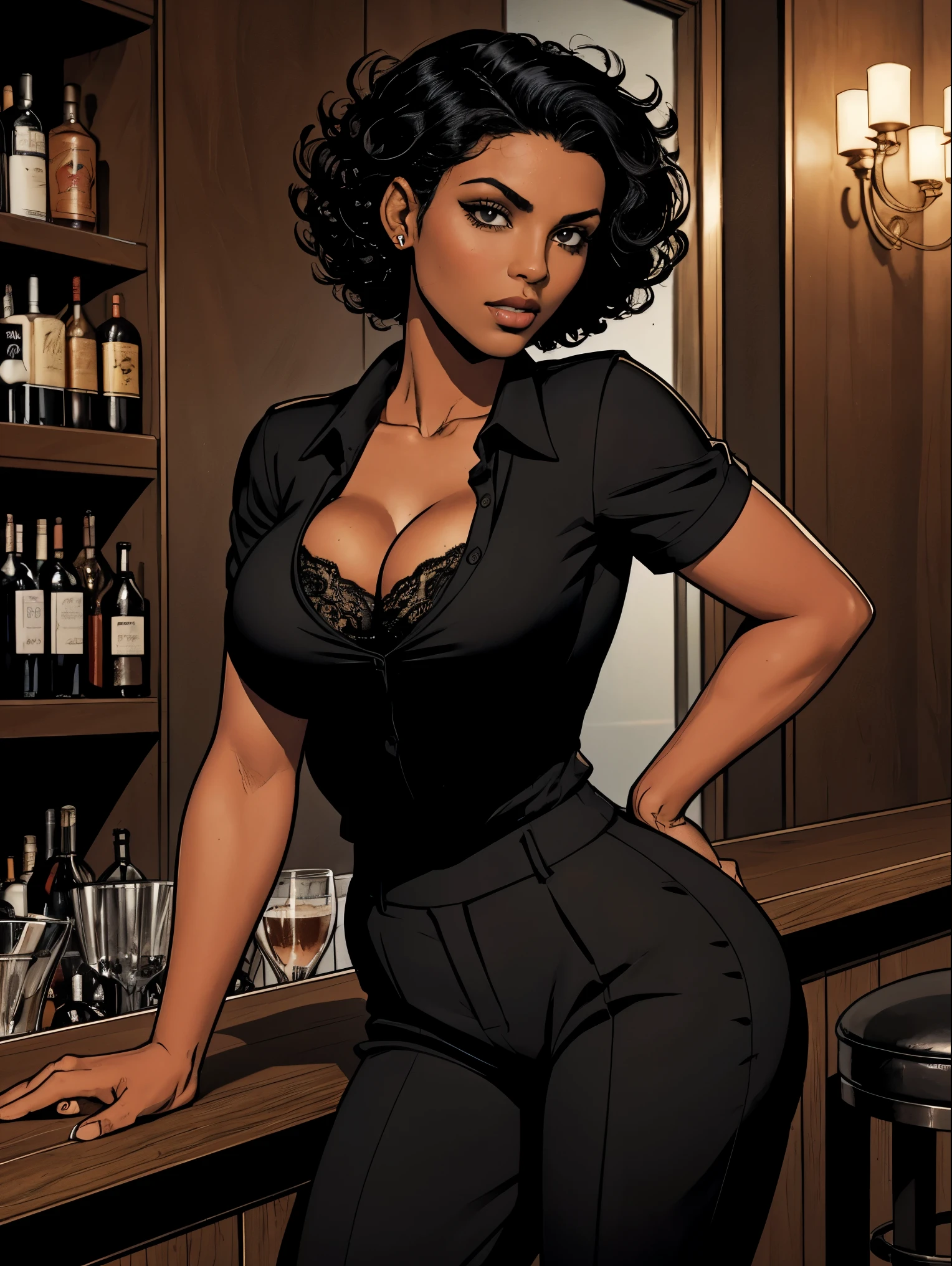 Cardinal, a gorgeous bartender woman with (dark skin, short curly black hair) wearing a black polo, tight slacks. Athletic, huge breasts, wide hips. Short curly black hair, mixing a drink. Confident. At a high-end bar, luxury hotel. cleavage.