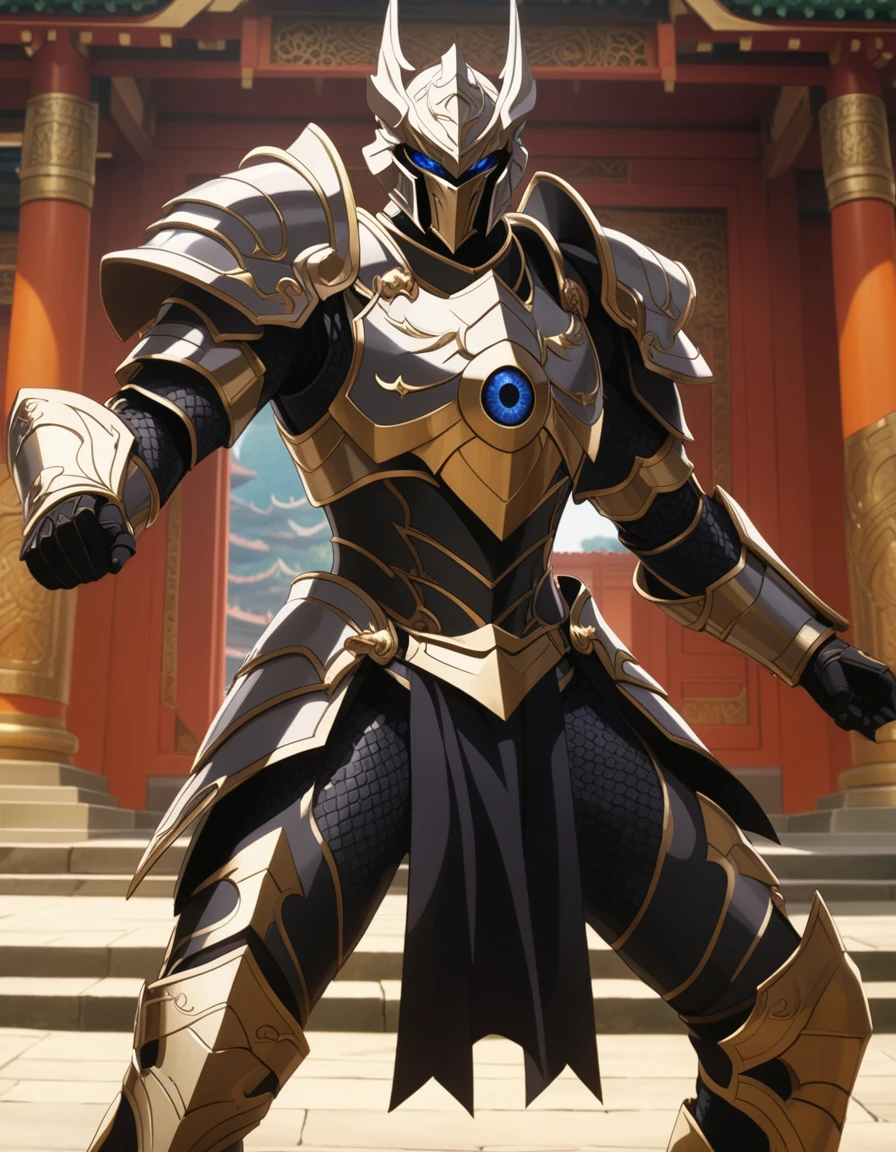 An epic close-up of the dark paladin, looking at the viewer, (alone), Full light armor, (The armor covers the entire body), negro, golden edges, Dragon Eye Inlaid Armor, combat pose, full body shot, in a temple in the background, anime screencap, Masterpiece, The best quality, high detail