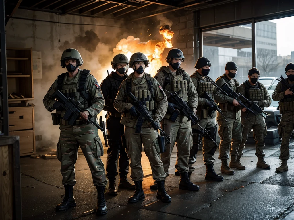 "Chemical warfare: Fierce battlefields, Russians,Military vehicles,Russian army,Russian soldiers, explosions, the chaos, Ruined cityscape, Fear and Despair, AK74,assault rifle,Dramatic Lighting, Gritty atmosphere, Apocalyptic devastation."