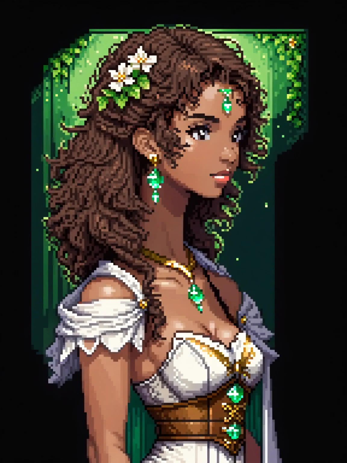 (Pixel art: 1.2), 1 young woman, 23 years old, dark skin, with medium dark brown curly hair held back by a cloth, wearing a medieval white robe with floral details, a light brown leather corset belt, a sheath for potions, gold earrings, A necklace with green stone, side view, visible lips and nose, Black background, strong physique, neutral expression.