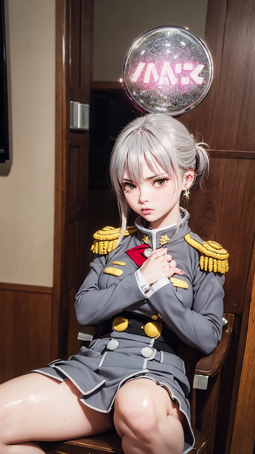 (masterpiece: 1.3), (Maximum resolution: 1.2), (Ultra HD TV: 1.2), Cinematic Light, 8K resolution, Detailed facial features , (Sharp focus: 1.2), (Shoot the whole body with a focus on the face),Perfect Style, Beautiful Face, Acura, Anatomically correct, Highly detailed face and skin quality感, Beautiful Eyes,ThroughkBright Eyes, Natural Cheeks, Glowing Skin, (Glossy Lips: 1.4),、 (A shameful expression: 1.2),Highly detailed face and skin quality, Natural Cheeks, , Glossy Lips,Exposed cleavage、(White mucus on chest:1.6)(White mucus on thighs:1.6)、 blush、Humiliating、shame、Please open your knees、dissatisfaction、anger、tears、sorrow、Glaring at the camera、Spread your legs、Sparkly little earrings and necklace、Disheveled clothes、Exposed panties、stockings、Drenched in sweat、Thin underwear、Wet underwear、stockings 、Long Hair、32 years old, Clean woman,1 person、 first class cabin、Sit on a chair、blonde、Silver Hair、Blue-gray eyes、Green-gray eyes,(Miniskirt military uniform:1.4)、scarf、dissatisfaction、Masturbate、Nipple exposure、Soft Breasts、Commanded by the enemy