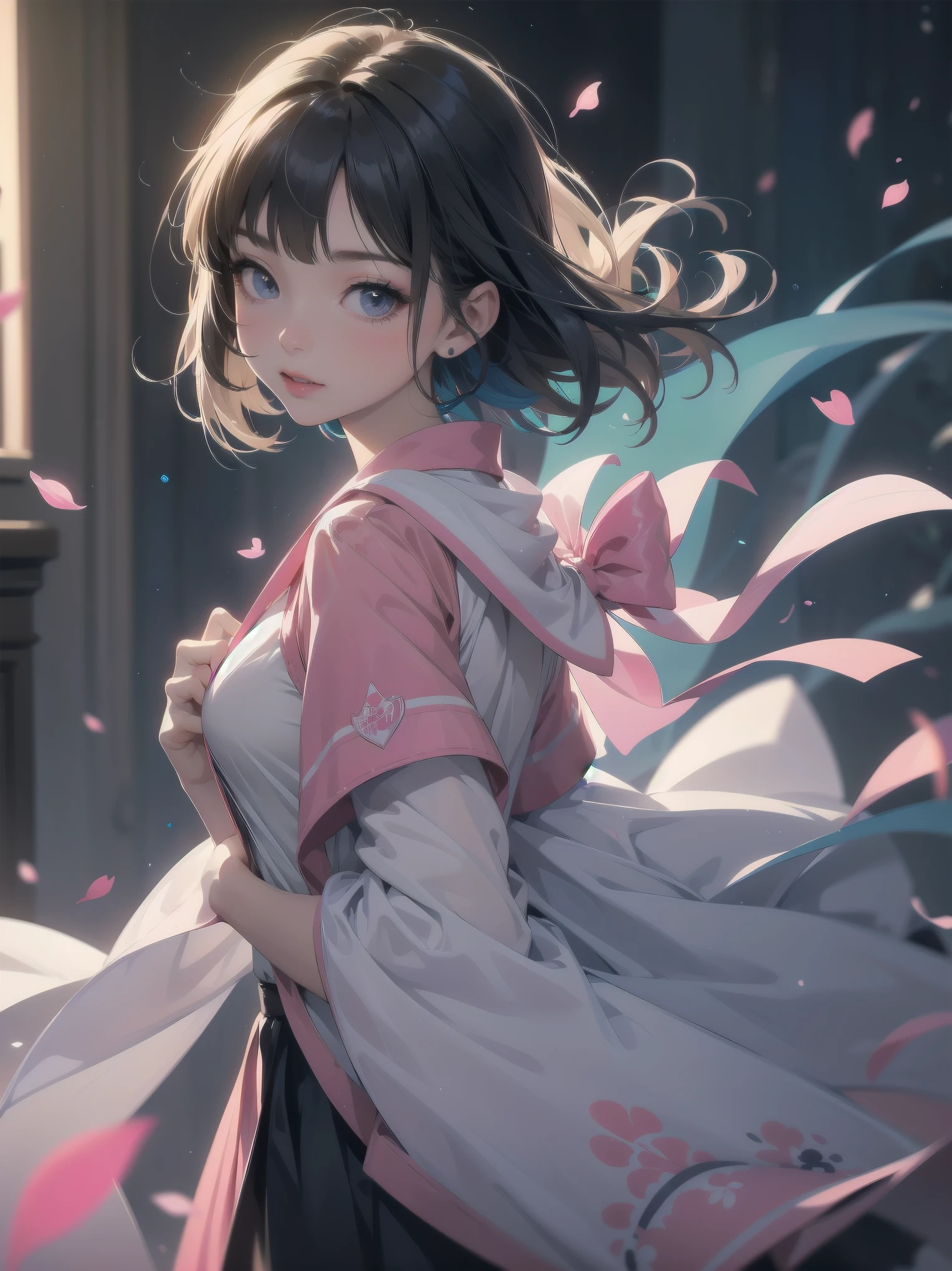 A five-year-old kawaii girl with a bob cut and rosy blush adorns her cheeks, sporting a pink kindergarten uniform adorned with large vertical dark blue stripes. The camera, directed by the masterful Spielberg, captures her dynamic pose from an unconventional angle, as if frozen in time. Audrey Hepburn's guidance imbues the subject with innocent charm, as she gazes directly at the viewer with an air of playful mischief