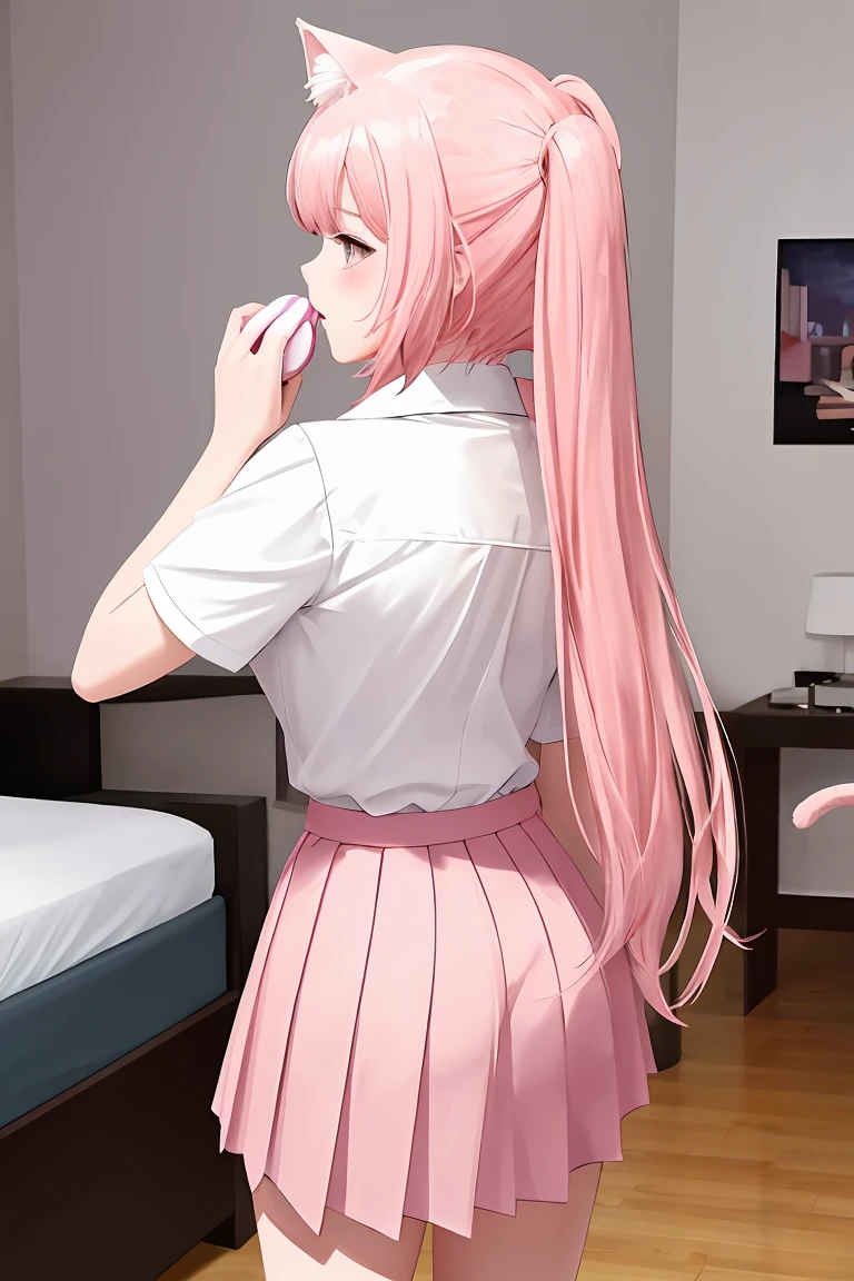score_9,score_8_up,score_7_up,masterpiece, top quality, best quality, official art, beautiful and aesthetic, animation, , 1girl with cat ear, perfect figure, pink hair, complicated details, bedroom, back to you, JK uniform, pink pleated skirt, white shirt, long pink hair ,