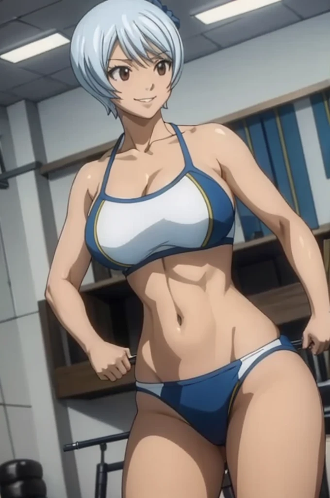 Yukino Aguria a girl with short white hair and brown eyes training in the gym wearing a bikini smiling 