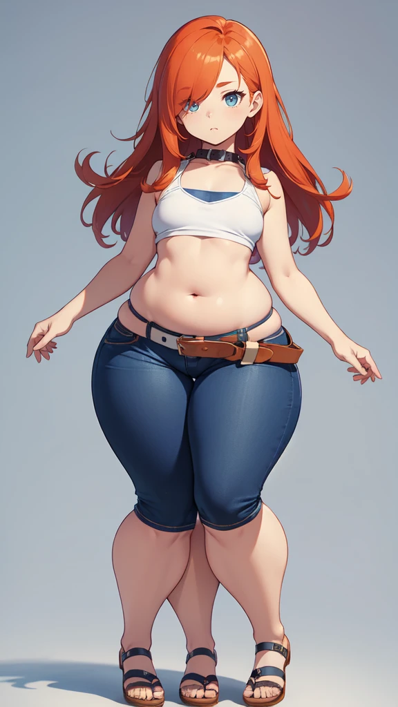 blank background, (((full body))), (masterpiece), ((best quality)), (very short girl), ((flat chest)), hair over one eye, (wide hips:1.4), ((thick thighs:1.4)), (blue jeans), sandals, belt below navel, fanny packs, ginger hair, from behind