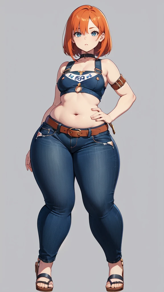 blank background, (((full body))), (masterpiece), ((best quality)), (very short girl), ((flat chest)), hair over one eye, (wide hips:1.4), ((thick thighs:1.4)), (blue jeans), sandals, belt below navel, fanny packs, ginger hair, from behind