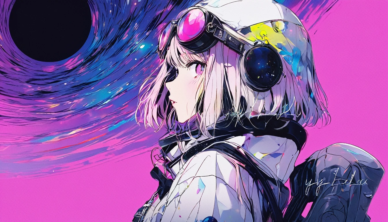 (best quality, sketch:1.2), epic realistic,(ultra details ayes),illustrator,anime,1 girl, detailed lips,custom, gradient background,neon hair,textured cropping, masterpiece, anime, a woman standing looking at a black hole, fantasy world, trending on art station, space art, dreamy psychedelic anime, beautiful anime scene, anime epic artwork. anime, photo picture poses, average height