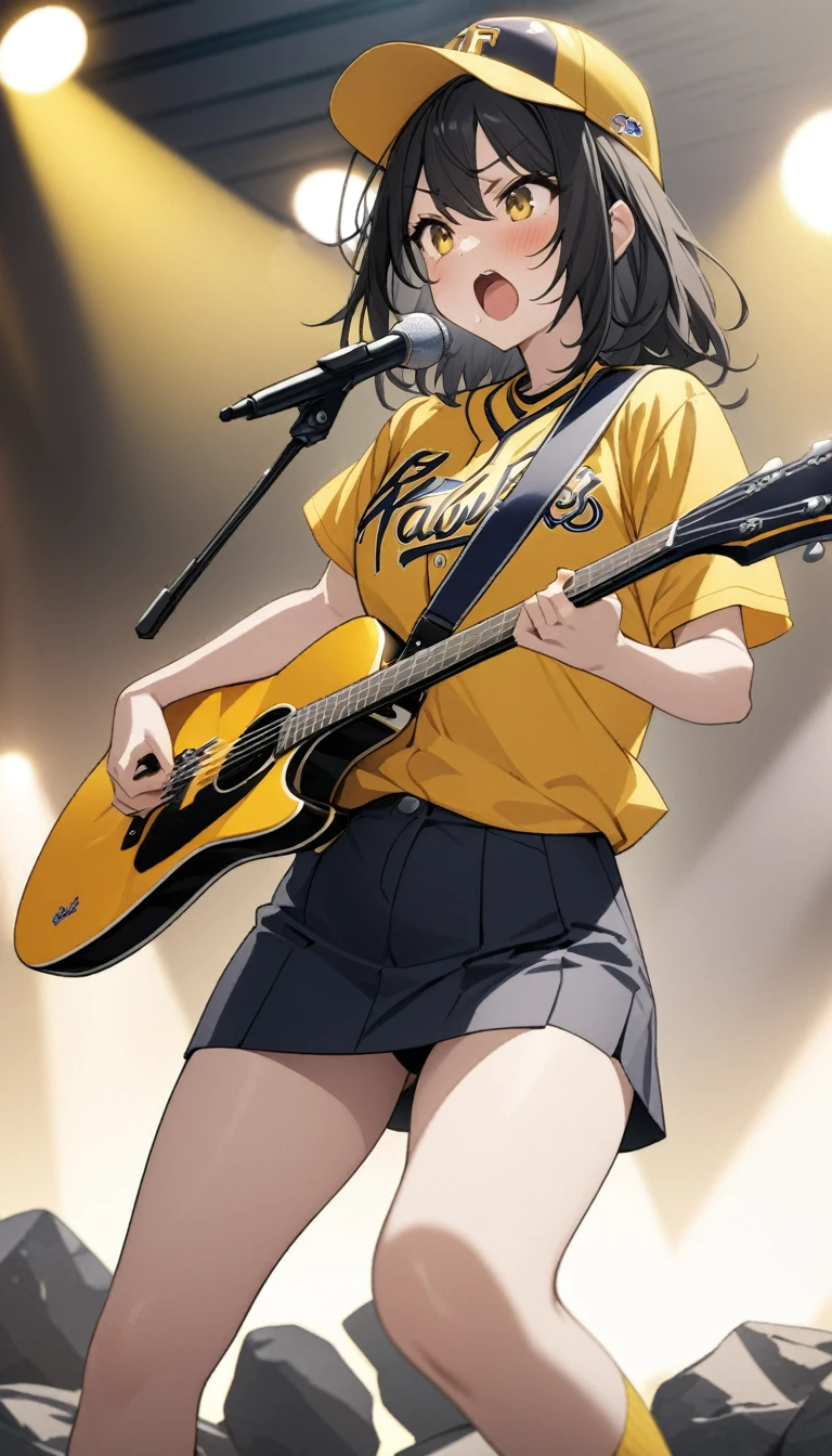 ((Highest quality)), ((masterpiece)), (detailed),   A female vocalist of a girl band, a black-haired girl playing an electric guitar、Revolution Yellow Fukuoka SoftBank Hawks baseball cap 、Wearing a revolution yellow Fukuoka SoftBank Hawks baseball shirt、rock、sing