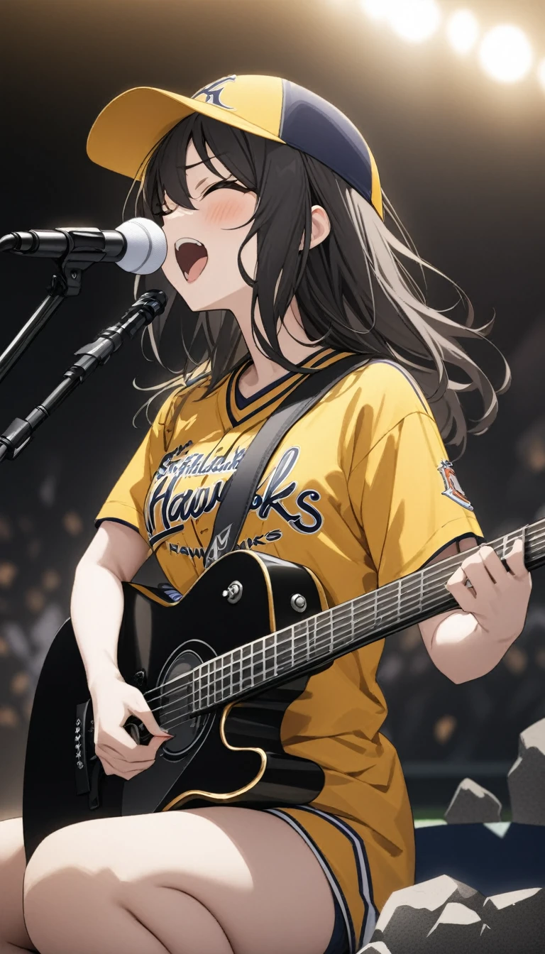 ((Highest quality)), ((masterpiece)), (detailed), A female vocalist of a girl band, a black-haired girl playing an electric guitar、Revolution Yellow Fukuoka SoftBank Hawks baseball cap 、Wearing a revolution yellow Fukuoka SoftBank Hawks baseball shirt、rock、sing