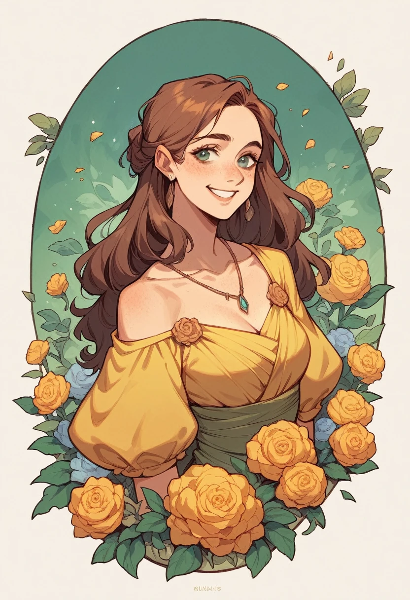A beautiful woman with long hair, she looks at us smiling, wearing a yellow gown, surrounded by a background of bright flowers,