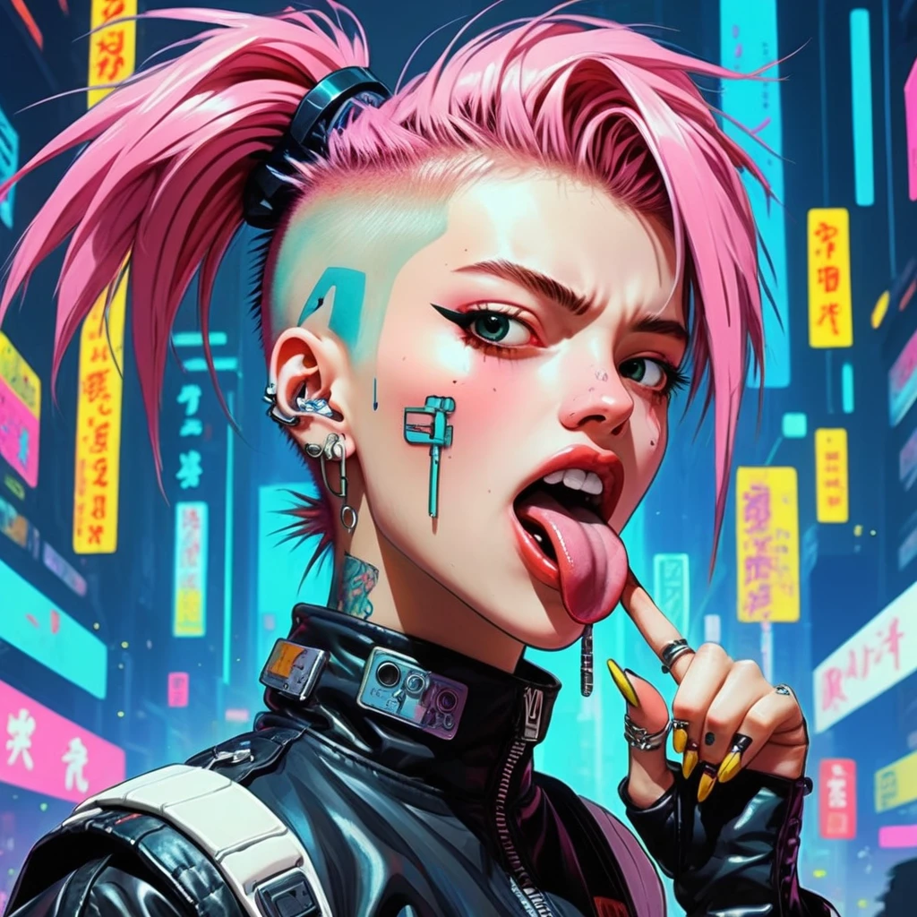 ((Anime illustration)), 90s anime cyberpunk style woman sticking out her punk tongue, masterpiece,