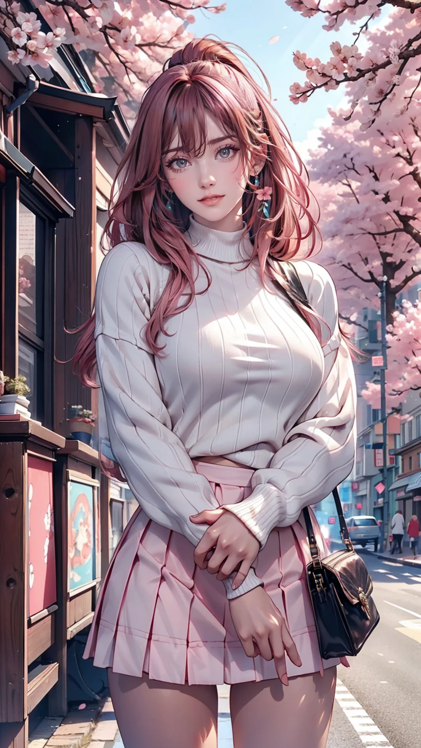 masterpiece, Highest quality, Super detailed, figure, Wide-angle, A girl is standing in the middle of the road, alone, The road in the middle and pink cherry blossom trees on the roadside, whole body, 20th Generation, Pink Hair, sweater, Short skirt, fashion,, composition, balance, Harmony, rhythm, color, Light, Shadow, reflection, refraction, tone, Contrast, prospect, Middle Way, background, Naturalistic, Figurative, Expressive.Sexy proportions、erotic、adult