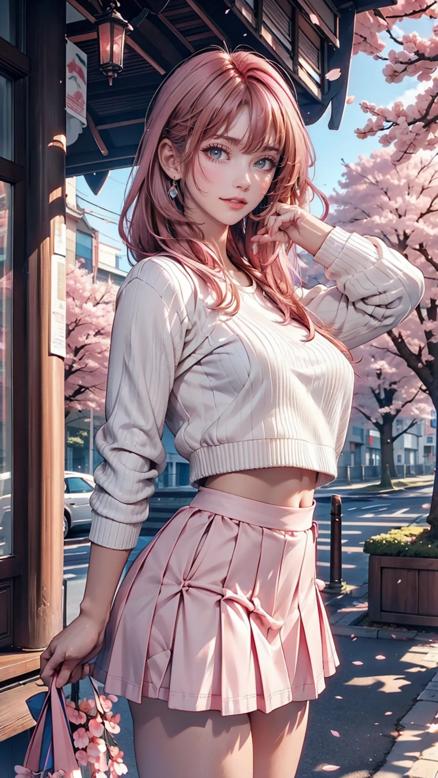 masterpiece, Highest quality, Super detailed, figure, Wide-angle, A girl is standing in the middle of the road, alone, The road in the middle and pink cherry blossom trees on the roadside, whole body, 20th Generation, Pink Hair, sweater, Short skirt, fashion,, composition, balance, Harmony, rhythm, color, Light, Shadow, reflection, refraction, tone, Contrast, prospect, Middle Way, background, Naturalistic, Figurative, Expressive.Sexy proportions、erotic、adult