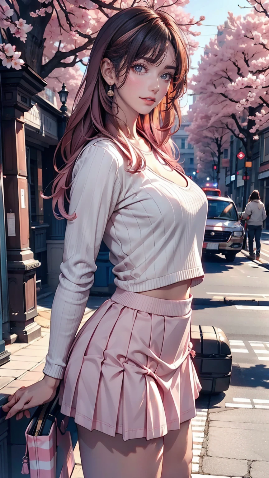 masterpiece, Highest quality, Super detailed, figure, Wide-angle, A girl is standing in the middle of the road, alone, The road in the middle and pink cherry blossom trees on the roadside, whole body, 20th Generation, Pink Hair, sweater, Short skirt, fashion,, composition, balance, Harmony, rhythm, color, Light, Shadow, reflection, refraction, tone, Contrast, prospect, Middle Way, background, Naturalistic, Figurative, Expressive.Sexy proportions、erotic、adult