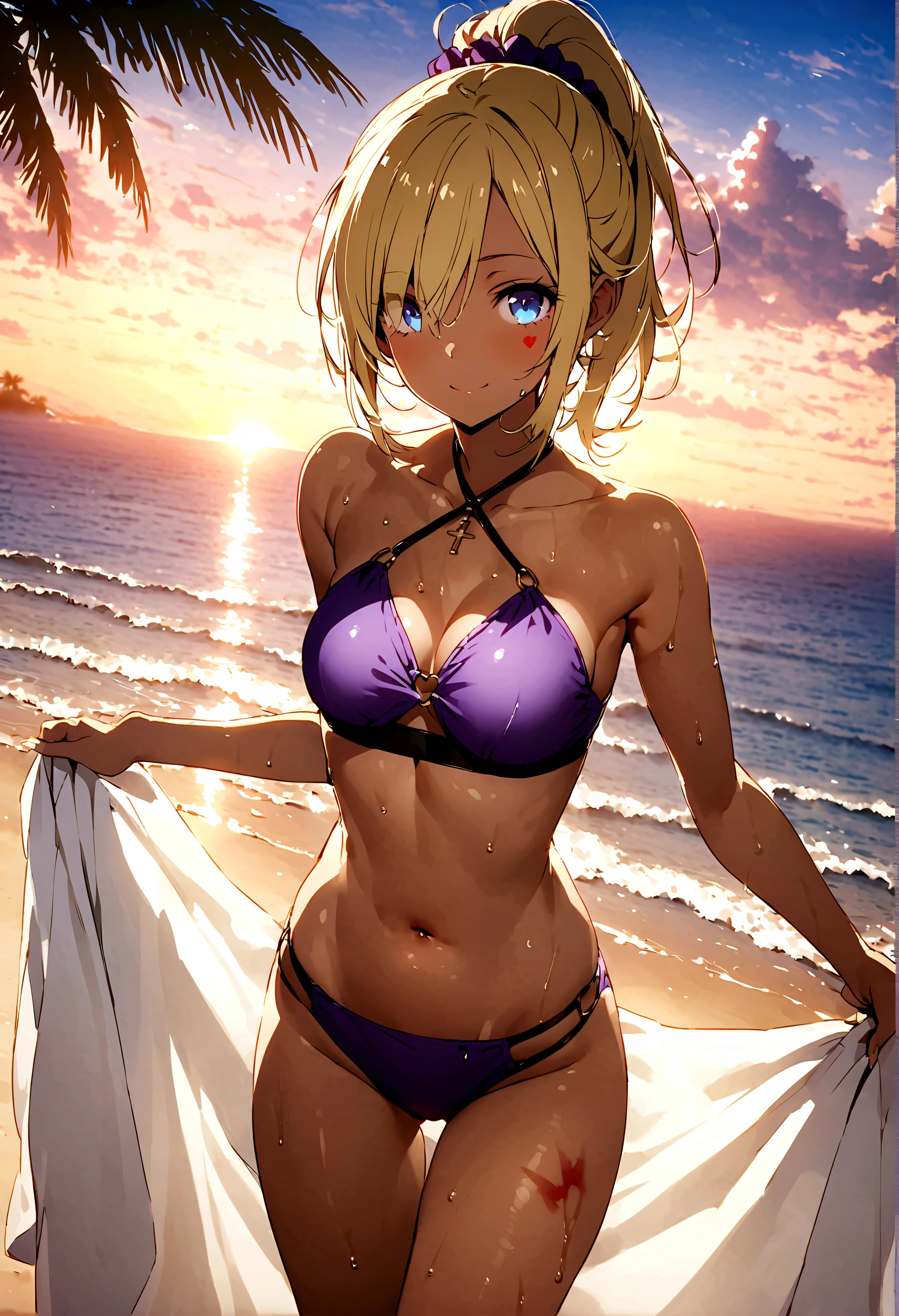 score_9、score_8_up、score_8、InoNaruto、Woman with dark skin、Sunburn mark、Blonde Hair、Hair above one eye、ツーサイドaップ、Longhe+a、ponytail、片側ヘa、Light blue eyes、Mid-chest、Purple scrunchie、(Toned body)、Tight clothing、Swimwear、Purple Bikini、Halter neck、Cross Halter、スリングショットSwimwear、Beach、towel、Palm tree、、Bedroom Eyes、See who&#39;s watching、bright red、horny、Tempting、smile、Sexy pose、Wet、heart、sunset、Vivid sky、