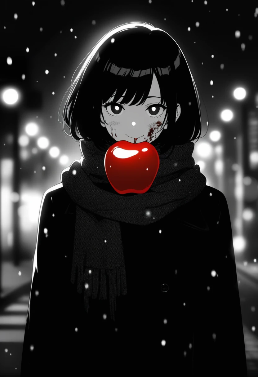 masterpiece, best quality, 1girl, momose_(oqo) official art, grayscale, manga style, japanese, chi no wadachi, black eyes, glowing white pupils, street, iced, smile, black hair, schoolbag, lineart, looking at viewer, blood on face, black coat, black scarf, 35 years old, mature_female:1, tall, fair skinned, bokeh background, bob cut, light particles, centered, snowing, emotional anime scene, (very aesthetic, best quality, ultra detailed), intricate details, red and blue lights flashing, cool, soleless, emotionless, tired, taking a bite out of a shiny red apple, eating apple