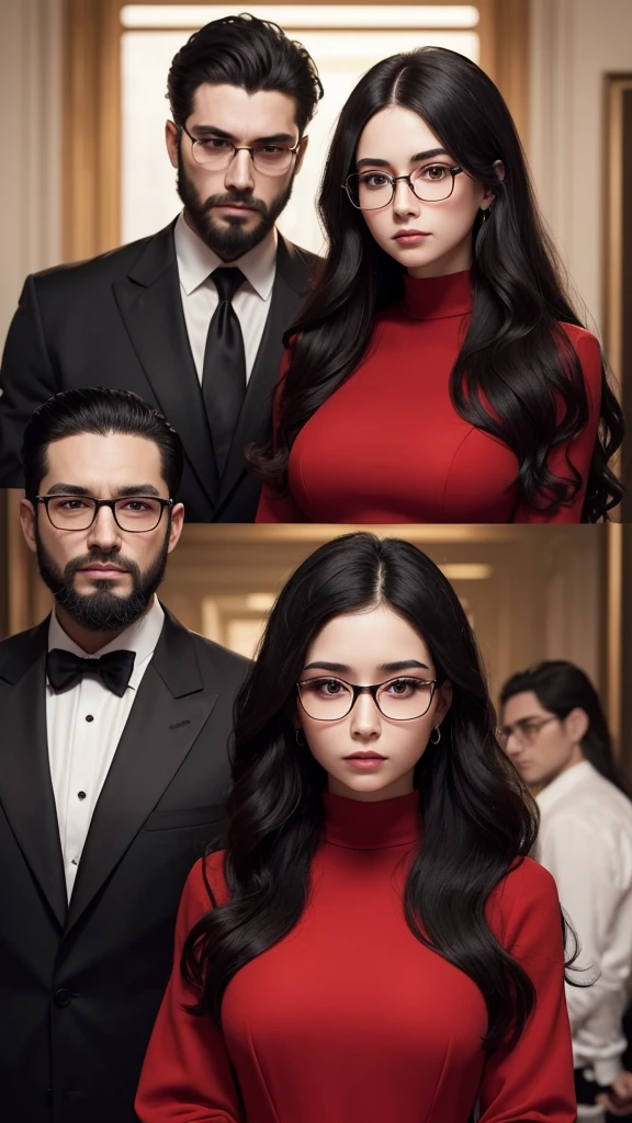 Cover for a mafia book. A young woman in a plain red dress, with long, wavy black hair and glasses. And a handsome man in a black suit, with beard, with well-cut black hair, serious, strong and tall. The couple will be in the background of an office.