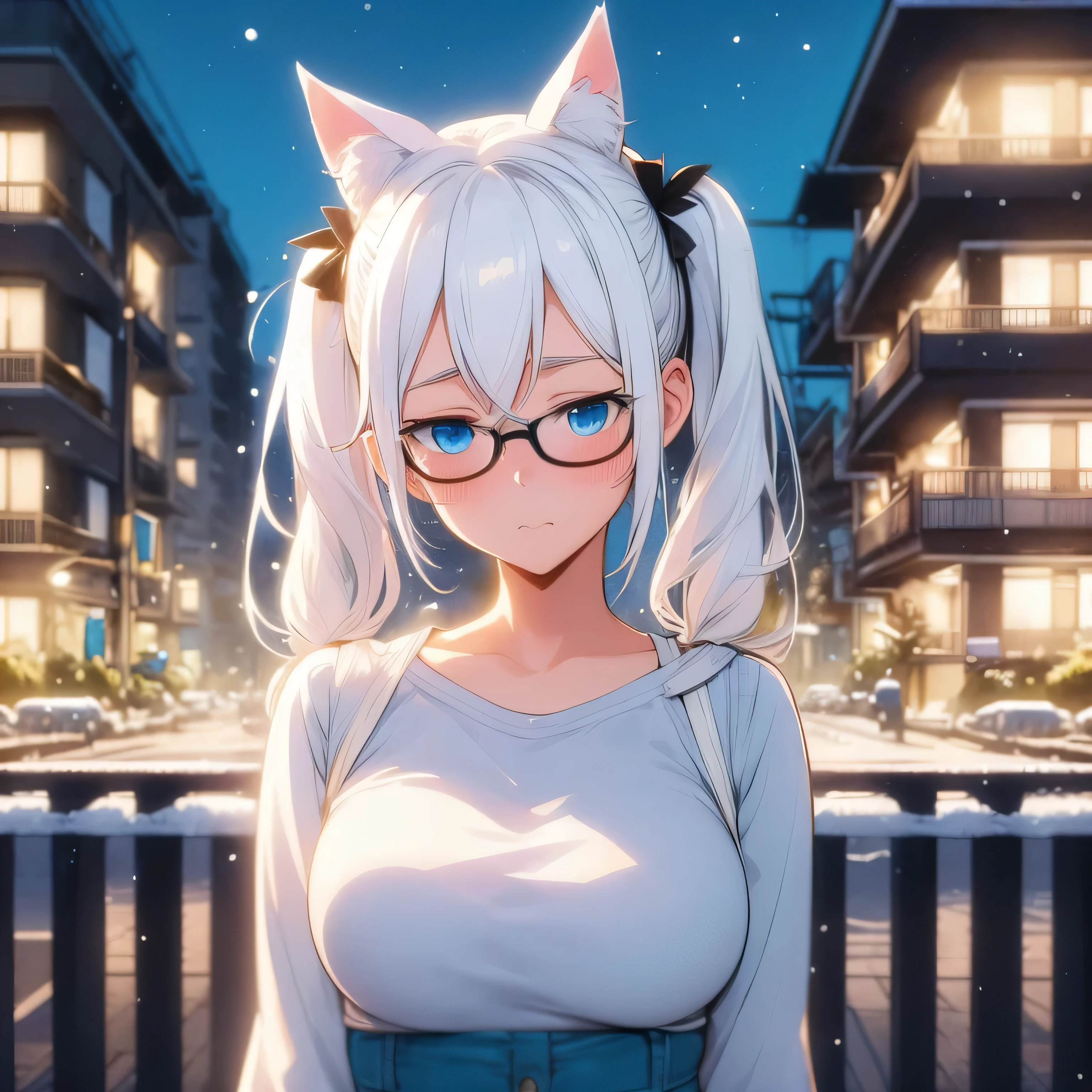 adult anime girl, white hair pigtails, black ribbons, blushing, blue eyes, white cat ears, 8k, high res, 1 girl, good lighting, fine detail, fur jacket and blue jeans, glasses, (masterpiece), perfect face, best quality, looking at view, snowing, full body thick
