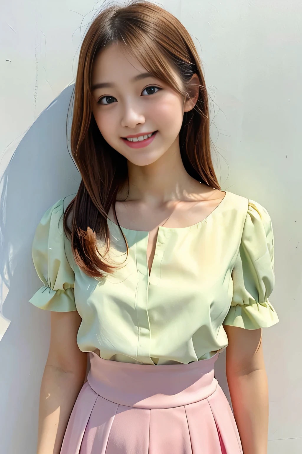 masterpiece, high quality, Photo realistic, BREAK, 1 Japanese girl, 20 years old, small nose, baby face, smiling, beautiful teeth, summer outfit, short sleeve, puff sleeve blouse, long skirt, simple background, natural light, bright, cute, selfie style, 