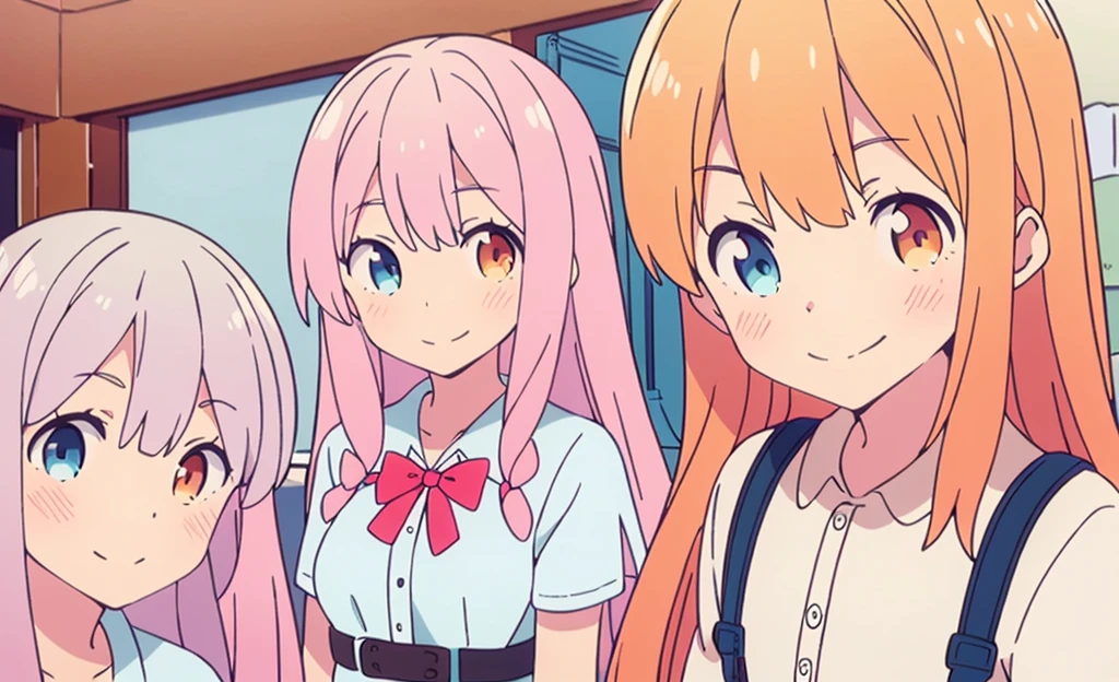 Masterpiece, of the highest quality, super detailed, inside, school Masterpiece, of the highest quality, super detailed, Hello,hoshino, ,very long hair,orange eyes,Blue eyes,heterochromia,pink hair,White shirt,chest harness,(small breasts:1.1),SMILE,