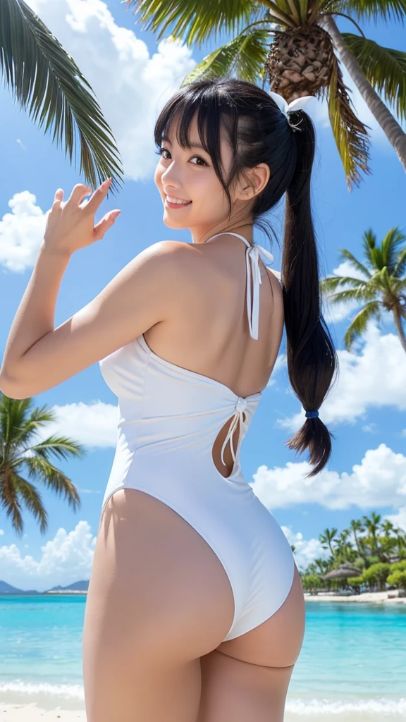 Japanese, brown eyes, smiling face, young face, black hair, twin tails, blue ribbon hair ornament, cleavage, necklace, one-piece white swimsuit, blue sky and white cumulonimbus clouds, standing in front of a palm tree, resort island, everlasting summer atmosphere, beach, looking back, turning her backside