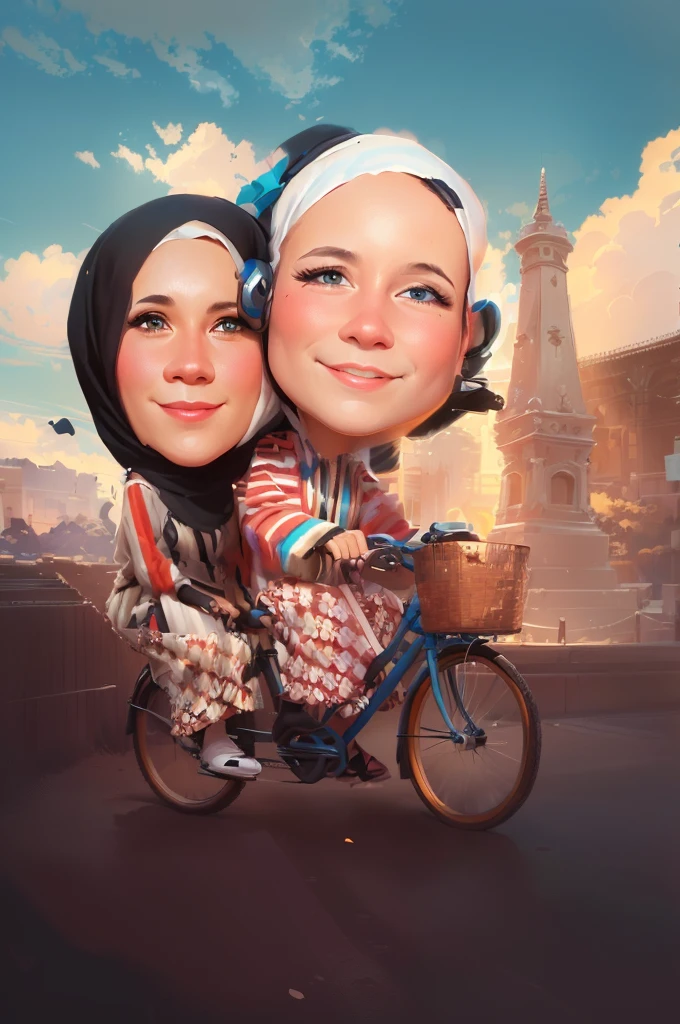Husband and wife ride bicycles, wife wears hijab,, caricature illustration, caricature style, cartoon digital painting, proffesional illustration, caricature, cartoon artstyle, potrait, in cartoon style, professional illustration, cartoon digital art, stylized digital illustration, professional artwork, digital art cartoon, official illustration, caricature!!!