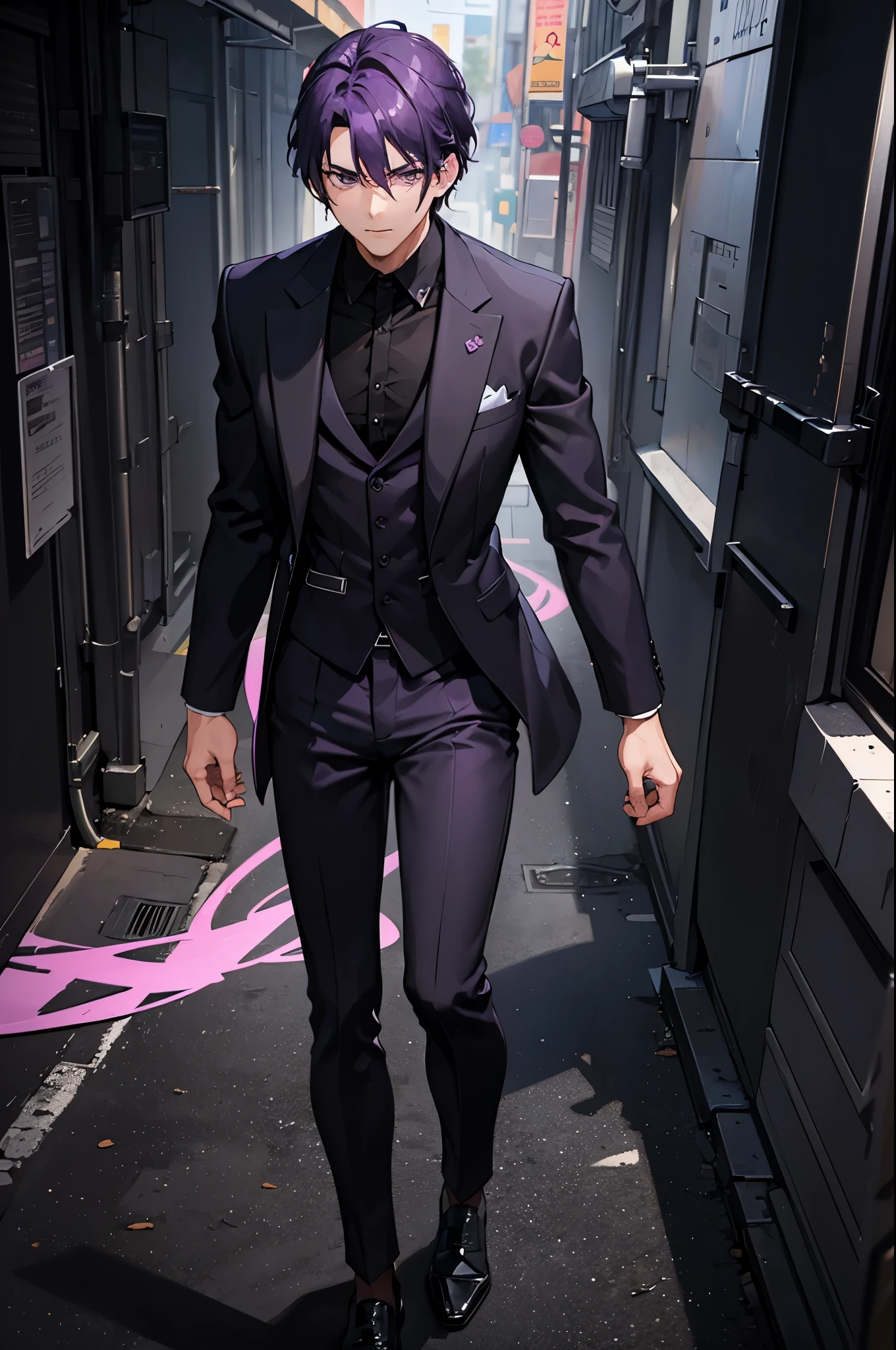 1man, dark purple hair, dark purple eyes, black suit, standing on ground, high res, ultra sharp, 8K, masterpiece