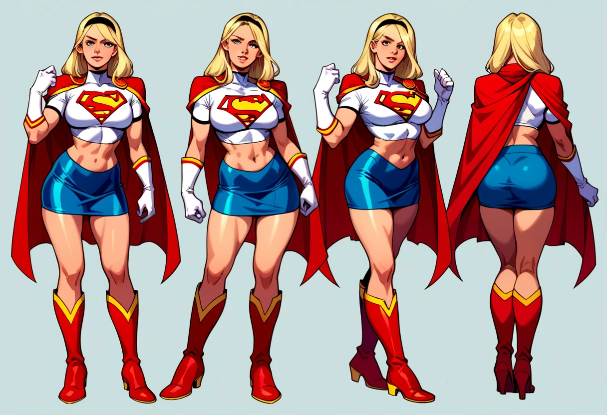 score_9, score_8_up, score_7_up, source_cartoon, BREAK 1girl, solo, Supergirl \(DC Animated Universe\), (long blonde hair:1.2), (black hairband:1.2), (white crop top, short sleeves:1.2), (short red cape:1.2), (short tight blue stretch skirt:1.2), (white gloves:1.2), (red boots:1.2), looking at viewer, parted lips, mature woman, hot, in her bedroom, model poses.