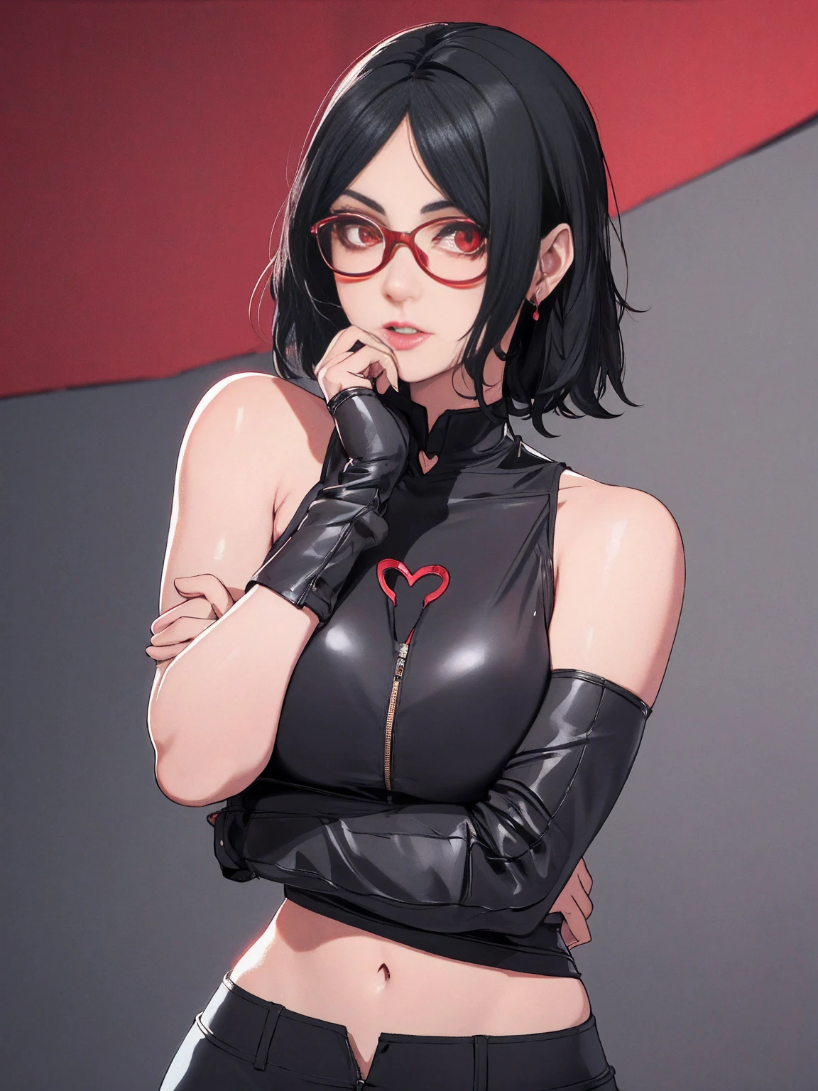 1girl, solo, black hair, short hair, Red eyes, frameless glasses, closeup shot,, detailed art. Curved hips, Thick thighs,, bare shoulders, scary basement background,, facing viewer, hands on hips, shiny hair, sexy hips. Dark pink painted lips, wet skin, (extremely detailed face), behind, 8K resolution, super detailed, high quality, heart shaped lips. K-pop pose