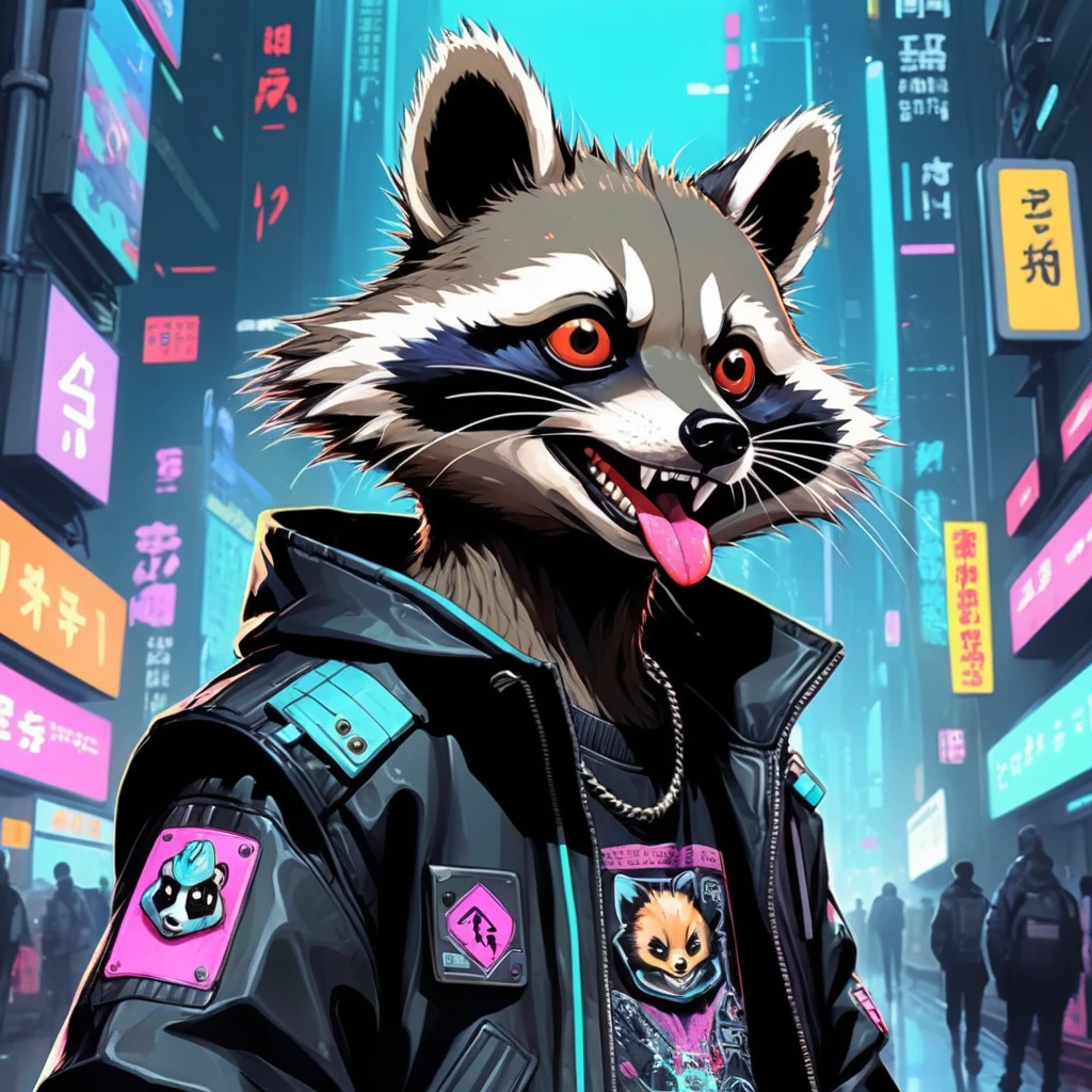 ((Anime illustration)), 90s anime cyberpunk style、Sticking out his punk tongue, masterpiece,Anthropomorphic raccoon dog