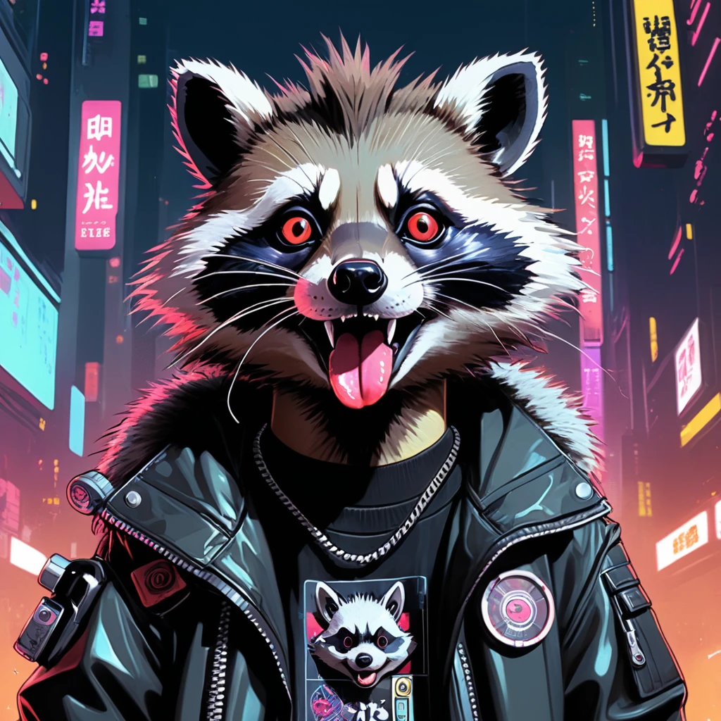 ((Anime illustration)), 90s anime cyberpunk style、Sticking out his punk tongue, masterpiece,Anthropomorphic raccoon dog