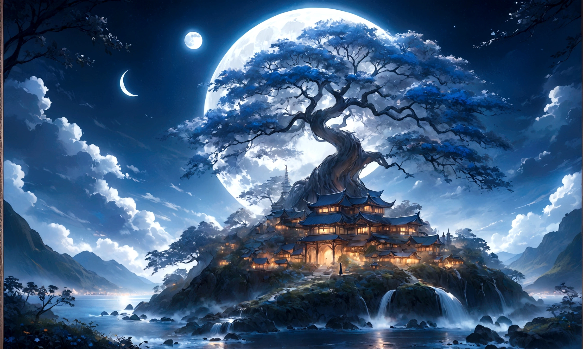 world Tree、moonlight、Moonlit Night、Fantasy、mysterious、masterpiece、Perfect Art、Award-winning works