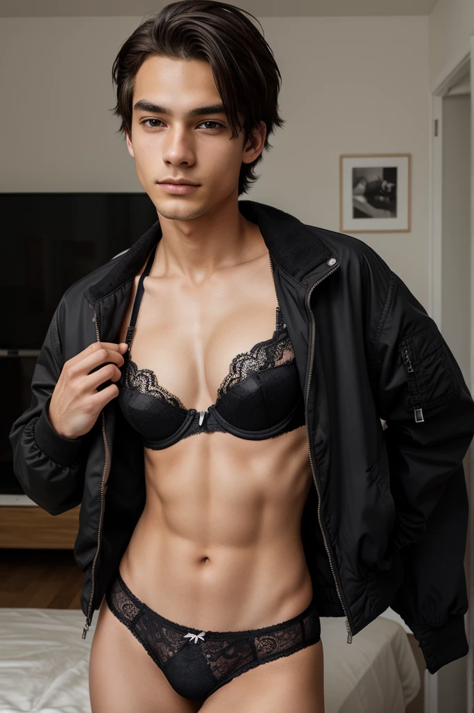 photography of a 18 boy, perfect face, masterpiece, bra, underwear, black_bra, jacket, black_panties